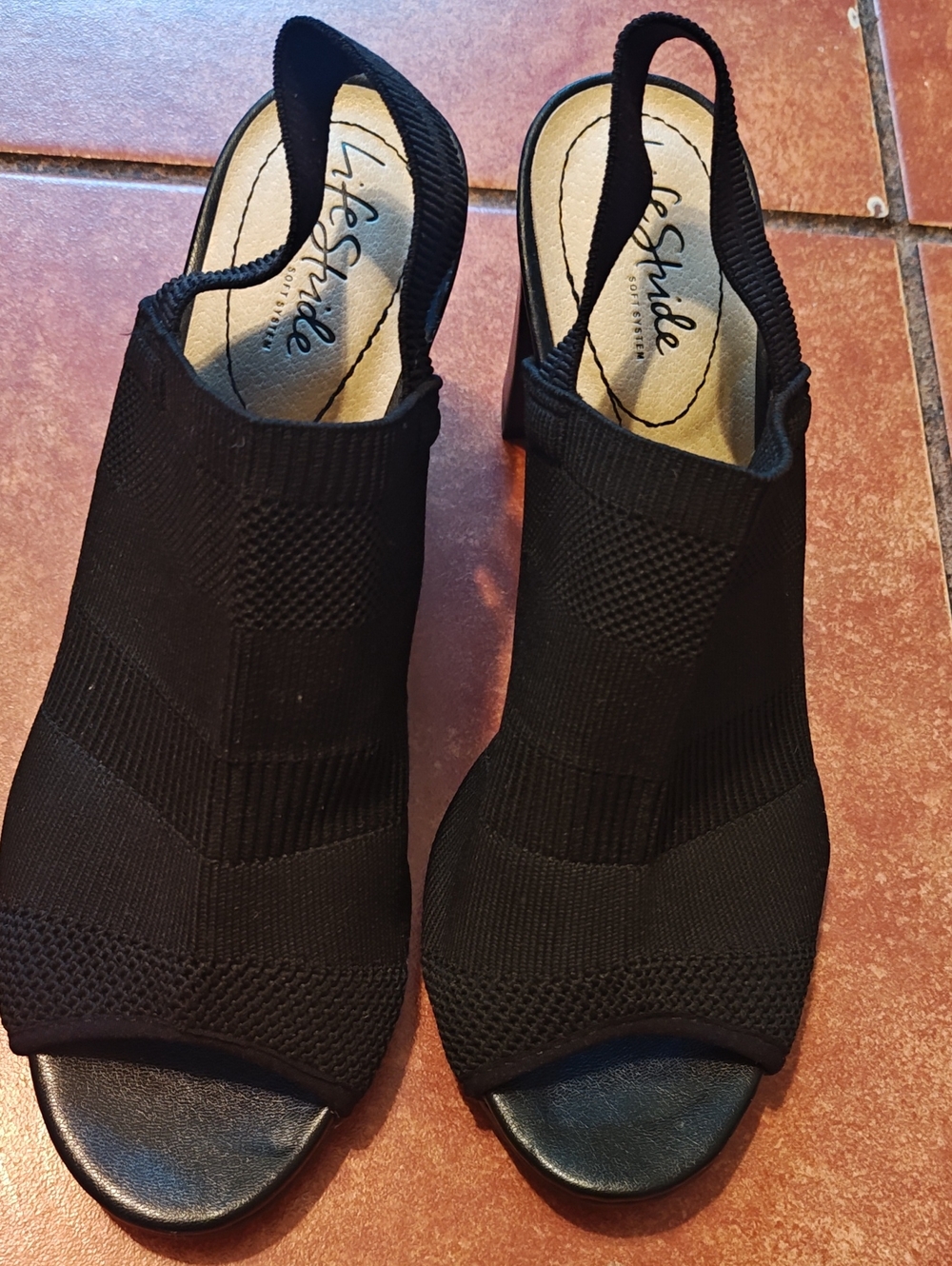 Life Stride Black Knit Slingback Peep-Toe Mules
